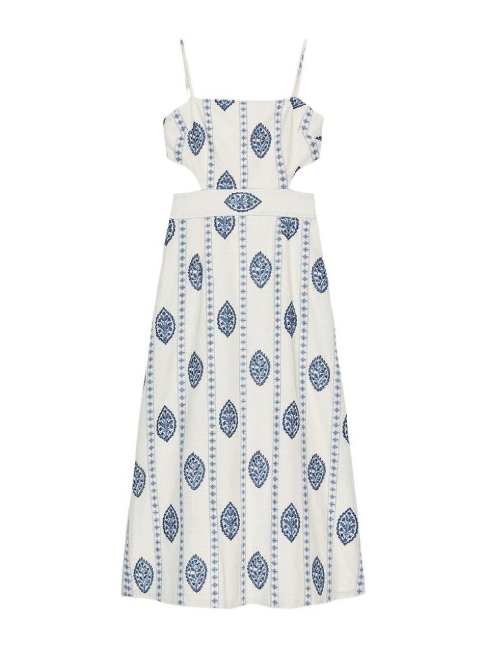 Zara Cut-Out Embroidered Midi Dress in Ecru / Blue